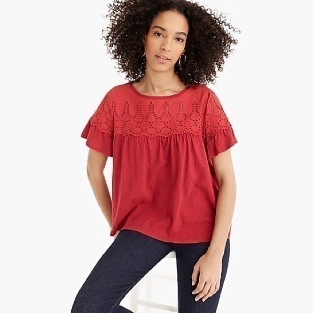 J crew flutter sleeve ruffle Eyelet lace top in vintage red cotton size small